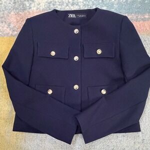Zara Crop Gold Button Up Jacket Womens S Flap Pockets Round Neck Navy